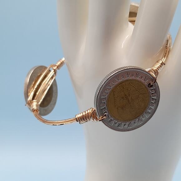 Egyptian One Pound Coin Bangle Bracelet, Three Coins, Wire Wrapped, 7.5 Inches - Picture 4 of 10